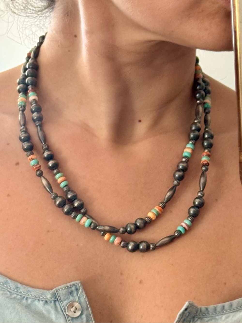 Southwestern Sterling Silver Spiny Oyster kingman Turquoise Beaded Necklace